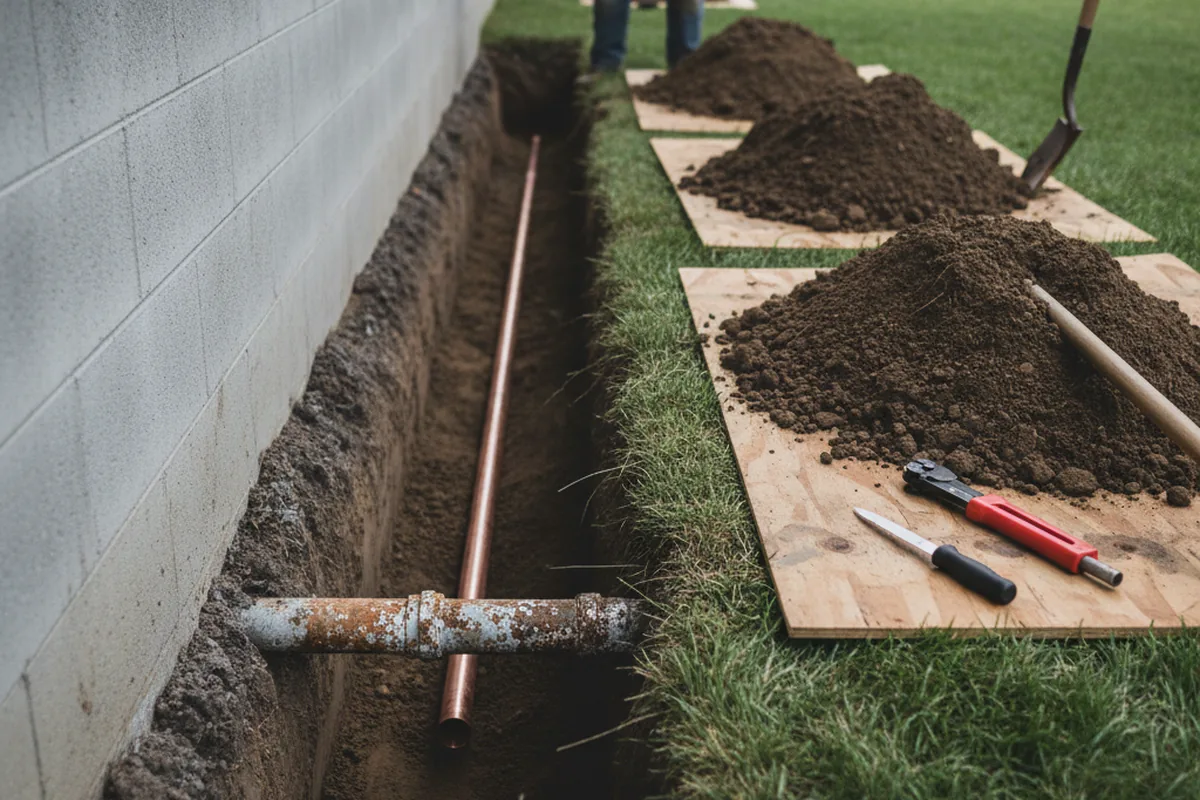 Excavated water line trench during Sewer Line Repair in Windham